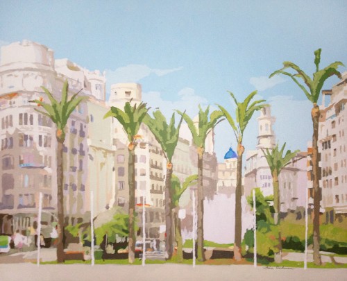 03. Ocho palmeras (Plaza de la Reina) · Acrílico/lienzo · 81x100 cm