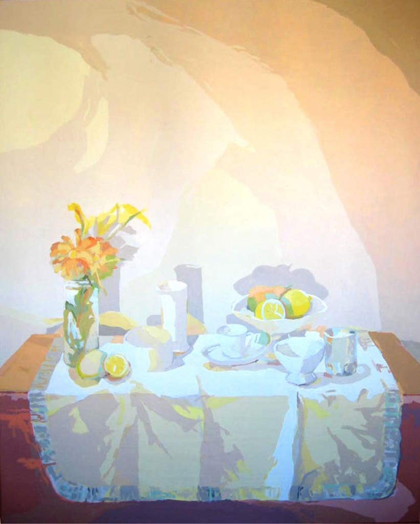 BODEGÓN DEL MANTEL BLANCO, acrílico/lienzo, 146x114 cm, 2004