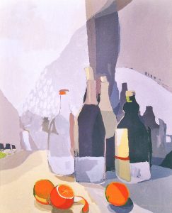 BOTELLAS Y NARANJAS, acrílico/lienzo, 65x54 cm