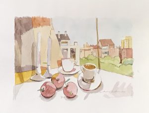 BODEGÓN DEL DESAYUNO, acuarela/papel, 20x29 cm